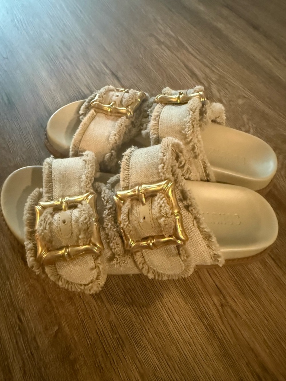 SCHUTZ Beige Frayed Double-Buckle Slide Sandals with Gold Buckles